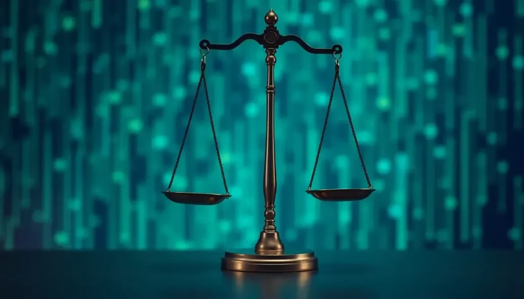 A scale with digital networks in the background, representing AI ethics.