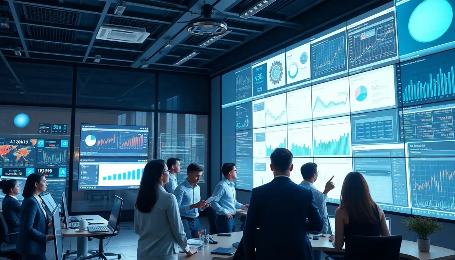 Financial professionals utilizing AI tools for collaborative financial strategy development.