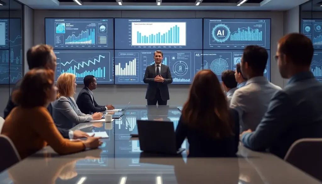 A CEO leading a meeting with executives discussing artificial intelligence strategies.