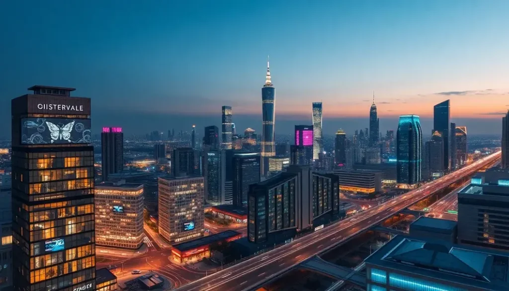 A vibrant city skyline illuminated by smart technologies, highlighting the integration of ambient intelligence in everyday urban life.