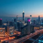 A vibrant city skyline illuminated by smart technologies, highlighting the integration of ambient intelligence in everyday urban life.