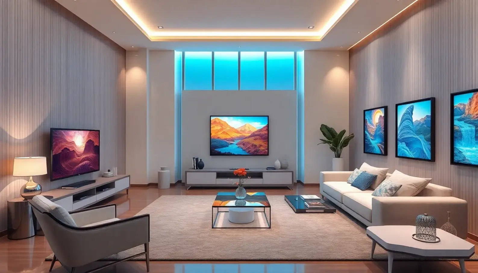 A futuristic living room showcasing the integration of ambient intelligence.