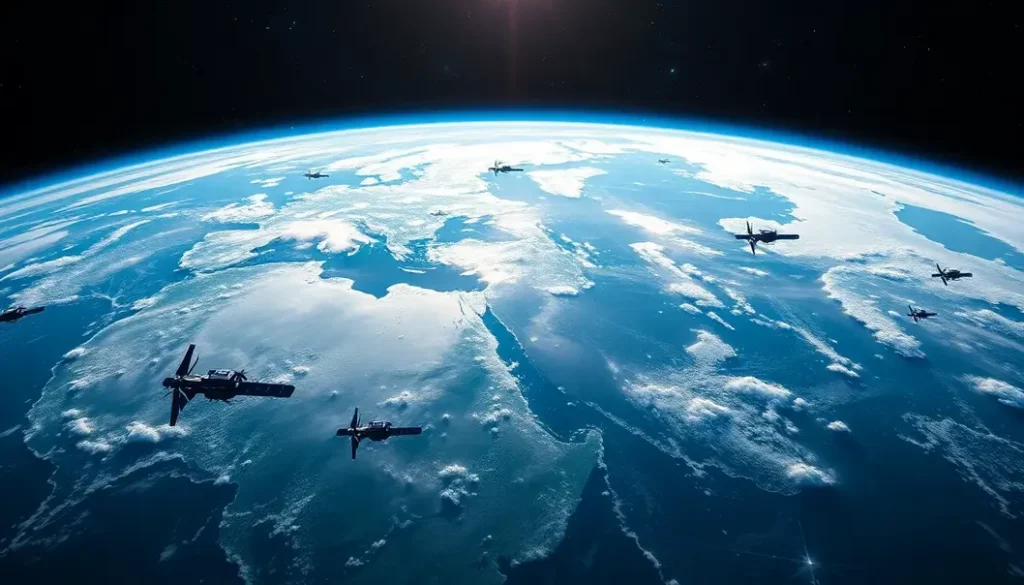 A breathtaking image of Earth from space with satellite constellations orbiting, demonstrating the potential of universal satellite internet.