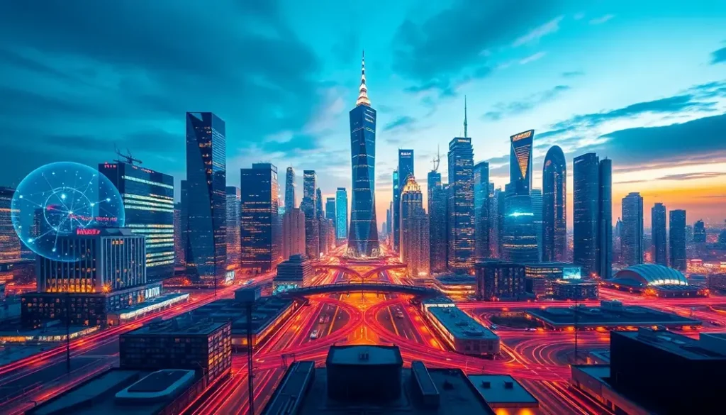 Vibrant city skyline with digital graphics showcasing the integration of Agentic AI in modern business.