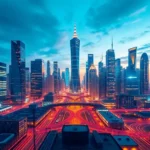 Vibrant city skyline with digital graphics showcasing the integration of Agentic AI in modern business.