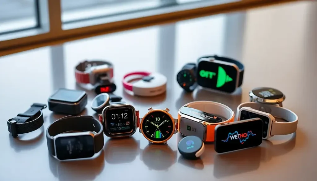Multiple AI wearable devices for health monitoring displayed together.