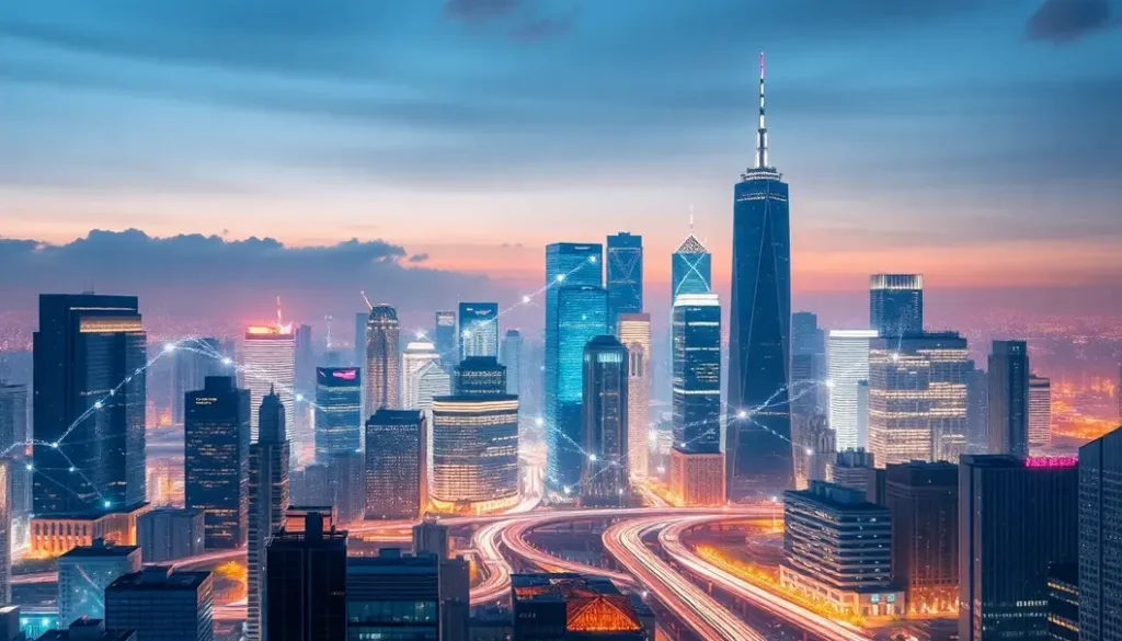 An illuminated city skyline showcasing financial institutions enhanced by AI technology.