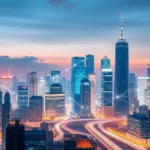 An illuminated city skyline showcasing financial institutions enhanced by AI technology.