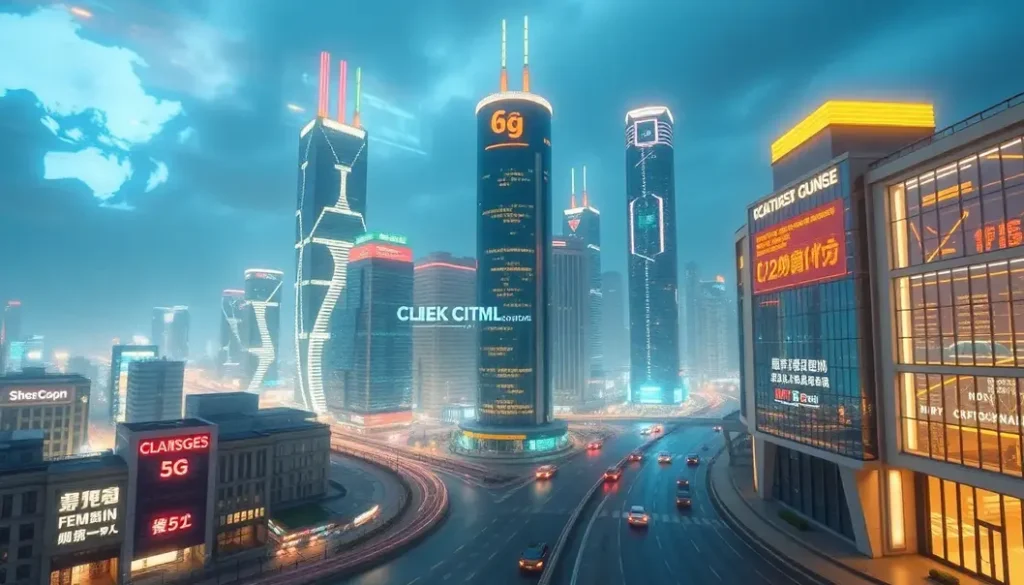 Futuristic city skyline illustrating advanced networking technologies and smart city features.
