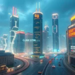Futuristic city skyline illustrating advanced networking technologies and smart city features.