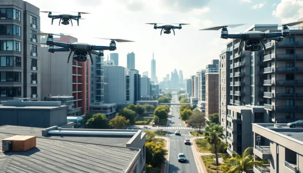 Drones actively delivering packages in a city landscape