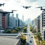 Drones actively delivering packages in a city landscape