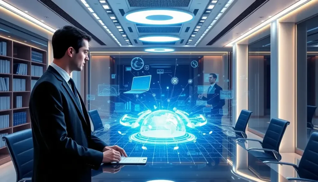 A futuristic law office with AI tools like holographic displays and digital assistants.
