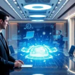 A futuristic law office with AI tools like holographic displays and digital assistants.