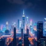A futuristic city skyline representing the advancements and potential of quantum computing.