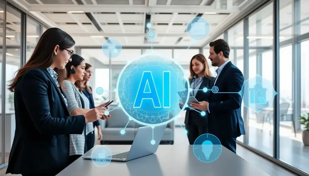 HR team collaborating on AI recruitment strategies in a modern office.