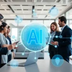 HR team collaborating on AI recruitment strategies in a modern office.