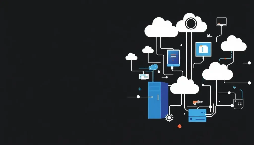 An artistic representation of hybrid computing, showcasing the integration of cloud and on-premises technology.