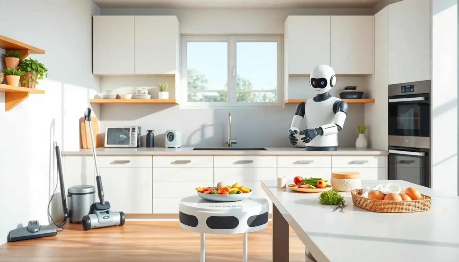 A glimpse into a tech-enabled kitchen with robotic appliances making life easier.