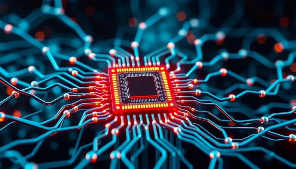 A futuristic visual of neuromorphic computing technologies, illustrating advanced chip designs and neural network connections.