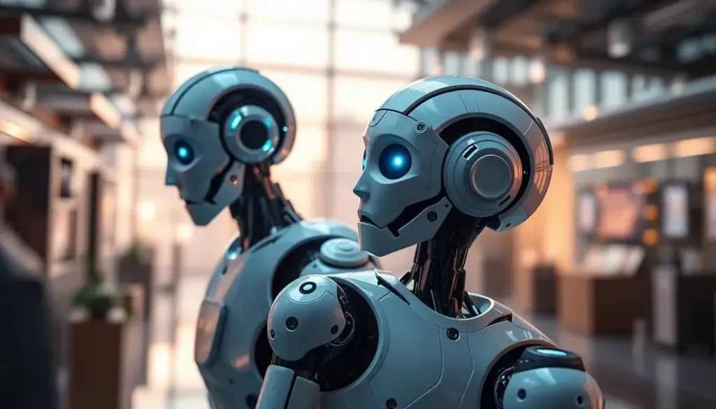 An artistic representation of various robotics applications enhancing daily life.
