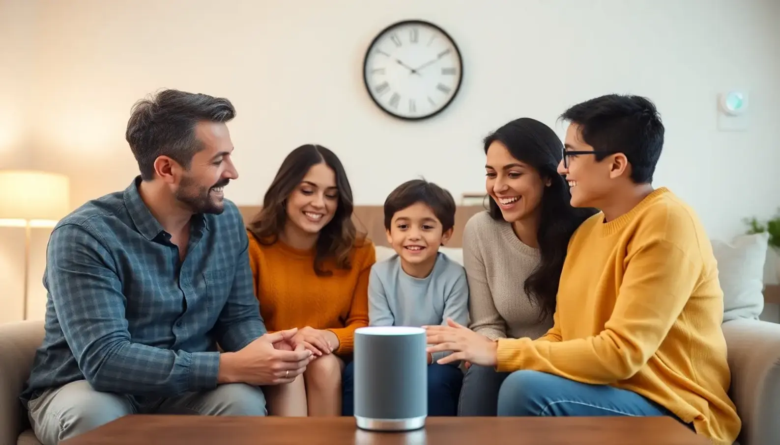 A family engaging with their smart assistant in a cozy living room.