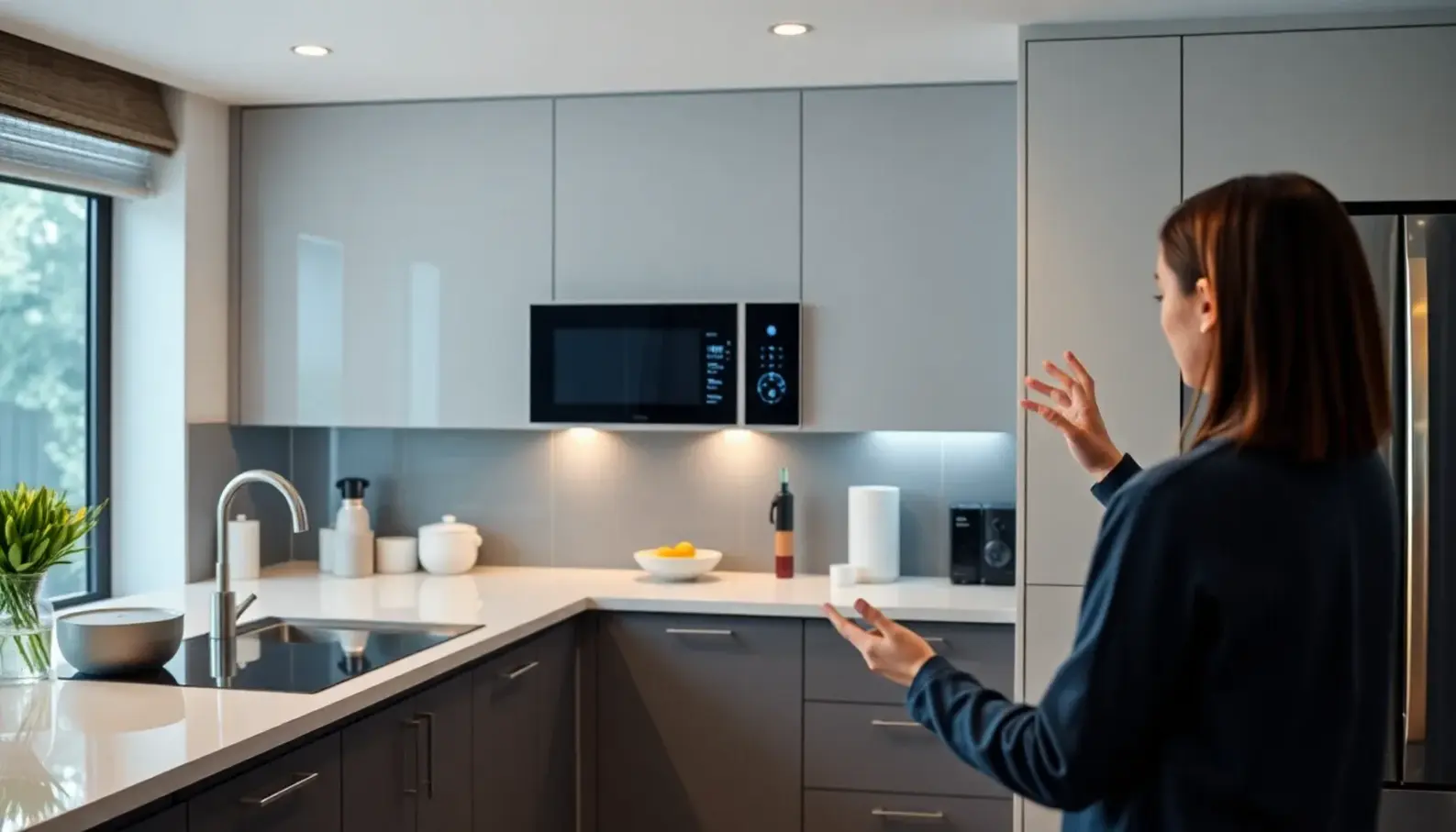 A family engaging with their smart assistant in a cozy living room.