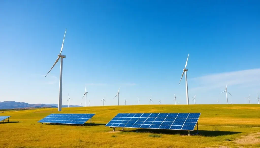 A landscape featuring a wind farm and solar panels, symbolizing renewable energy solutions.