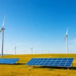 A landscape featuring a wind farm and solar panels, symbolizing renewable energy solutions.