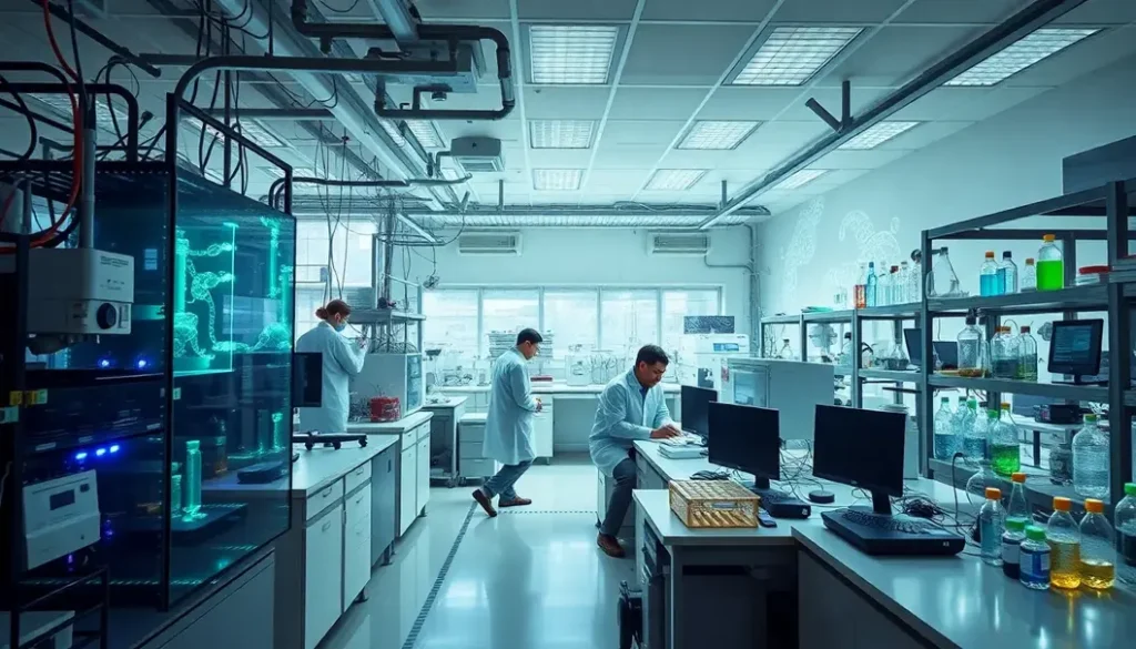 A photo-realistic image of a synthetic biology lab showcasing researchers and advanced equipment.
