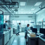 A photo-realistic image of a synthetic biology lab showcasing researchers and advanced equipment.