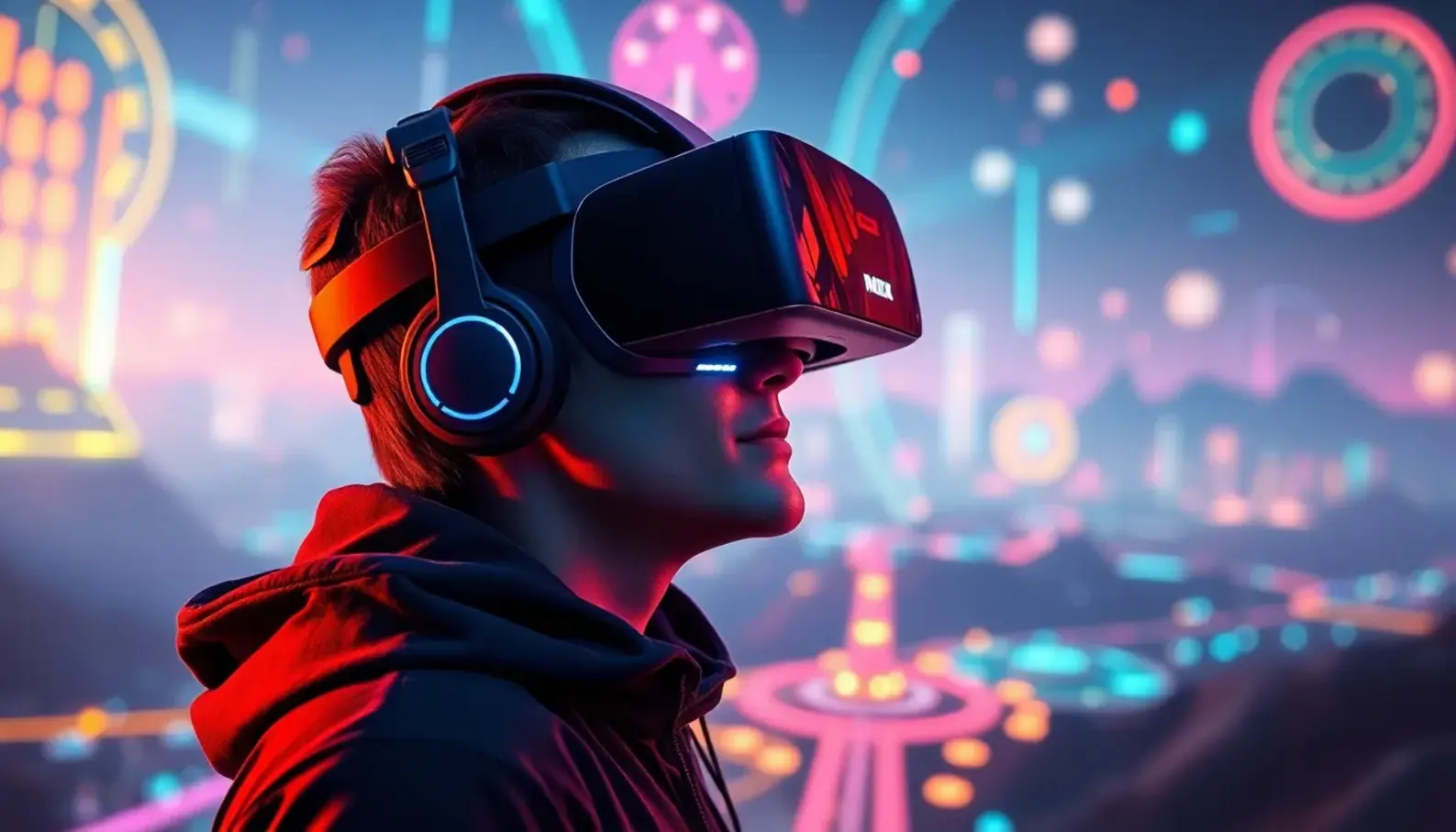 Gamer immersed in a vibrant virtual reality environment.