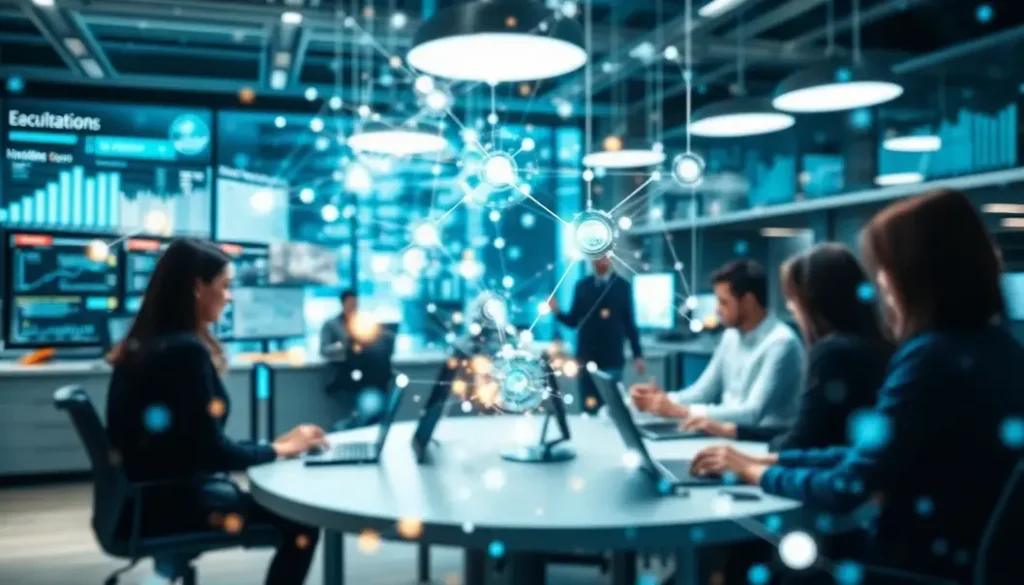 An abstract representation of digital transformation, featuring technology and collaboration.