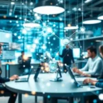 An abstract representation of digital transformation, featuring technology and collaboration.