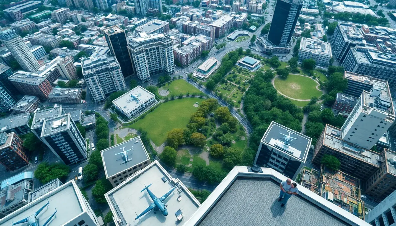 A vibrant view of a future city showcasing the blend of eVTOL aircraft with urban architecture.
