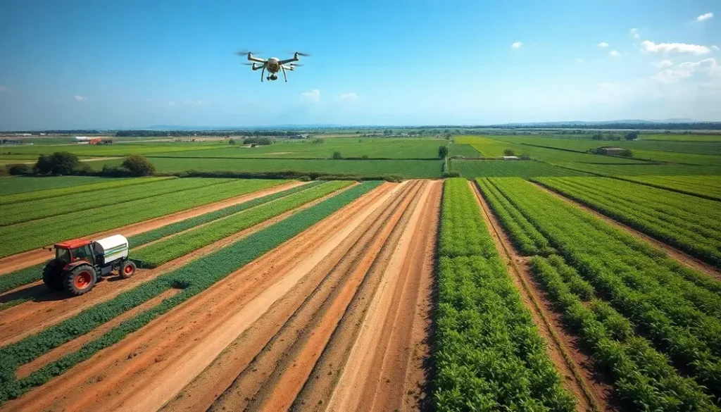 A panoramic view of a farm integrating drones, sensors, and advanced farming technology.
