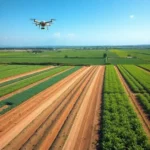 A panoramic view of a farm integrating drones, sensors, and advanced farming technology.