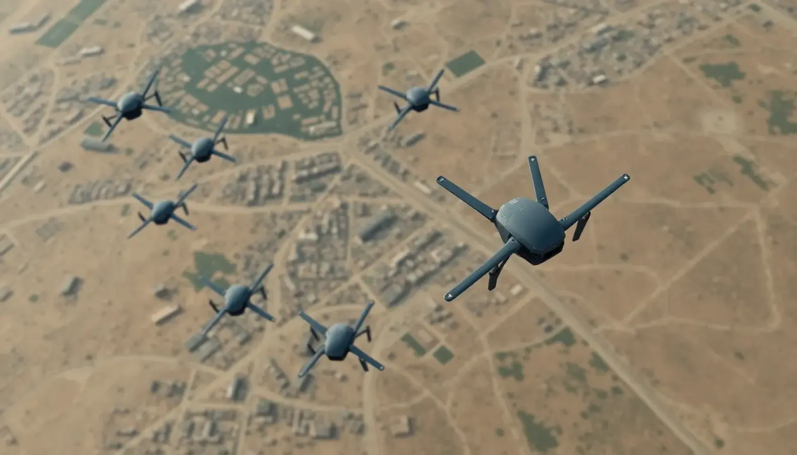 Illustration of swarm robots working in unison within a defense context.