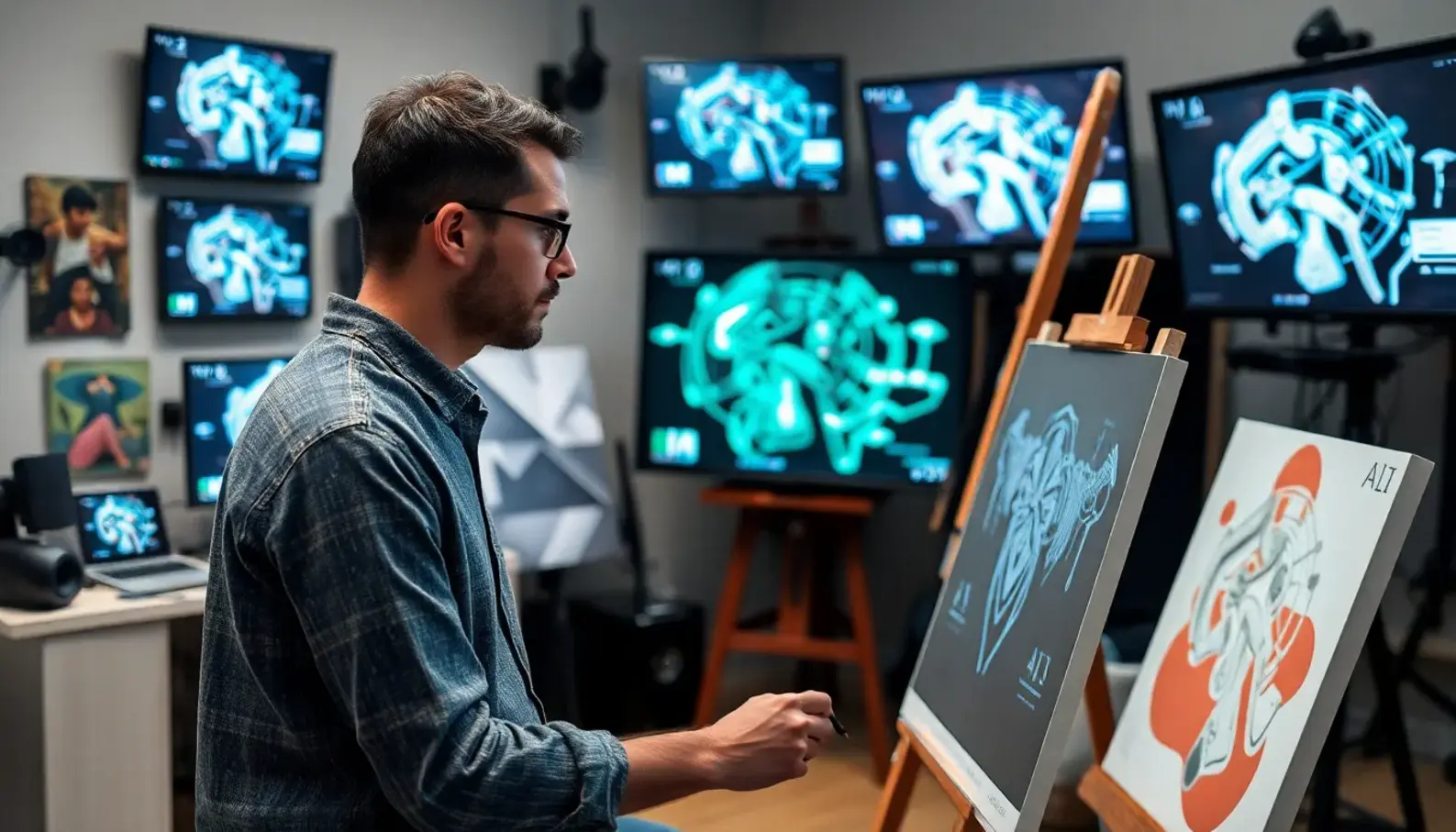 An artist immersed in creativity, merging traditional methods with AI-generated insights.