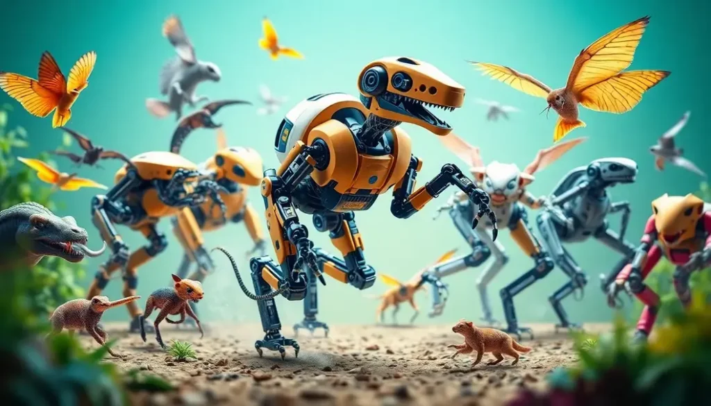 A collection of bio-inspired robots such as flying drones, walking machines, and robotic hands, demonstrating the application of biological principles in their design.