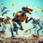 A collection of bio-inspired robots such as flying drones, walking machines, and robotic hands, demonstrating the application of biological principles in their design.