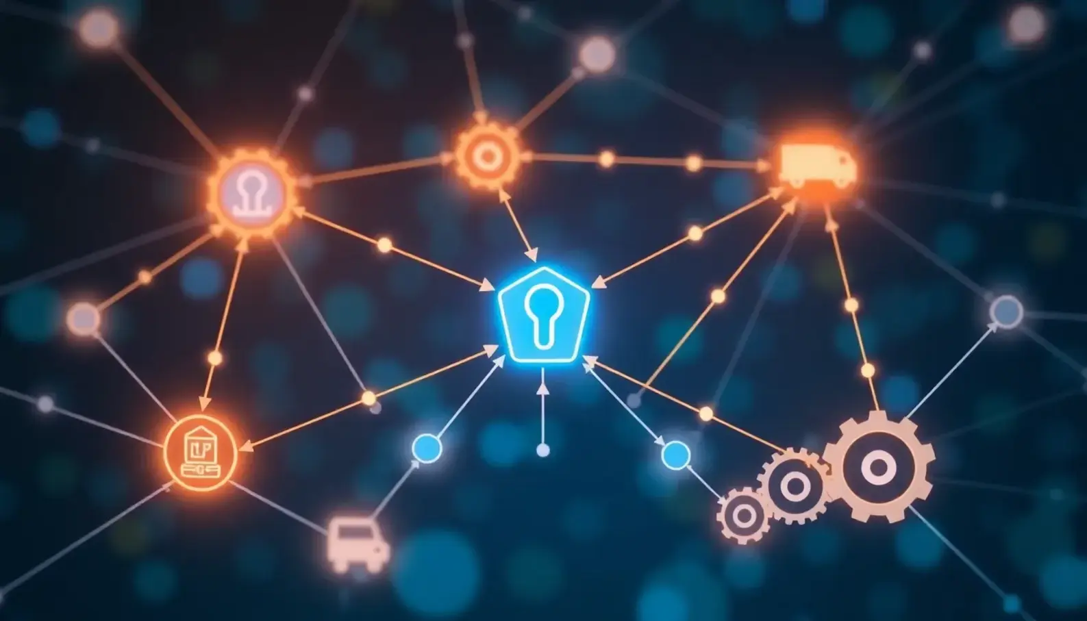 A detailed illustration showing the unique features of blockchain technology in the context of supply chain management.