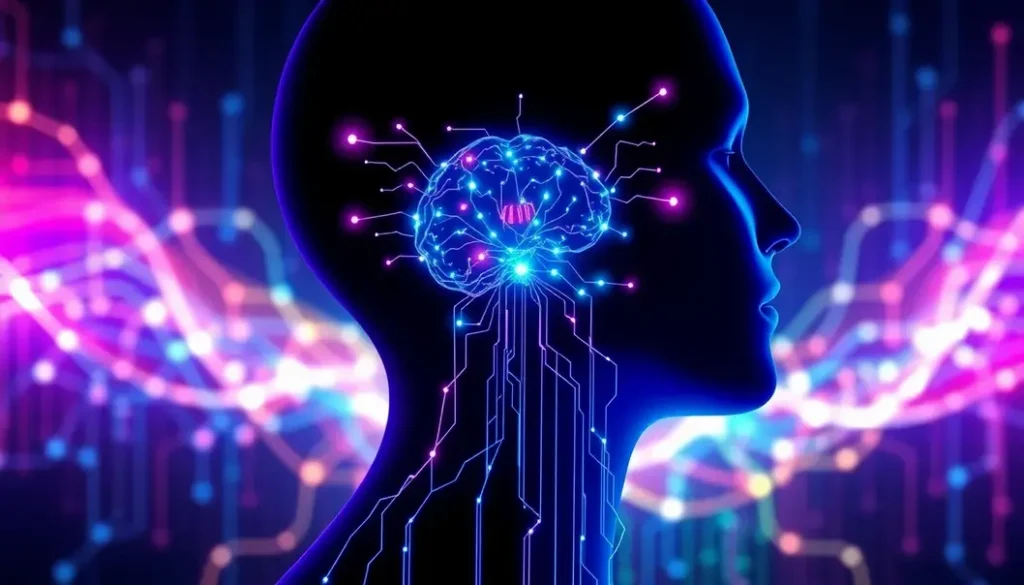 An artistic visualization of the connection between human thoughts and technology via Brain-Computer Interfaces, showcasing data flow and digital integration.