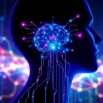 An artistic visualization of the connection between human thoughts and technology via Brain-Computer Interfaces, showcasing data flow and digital integration.