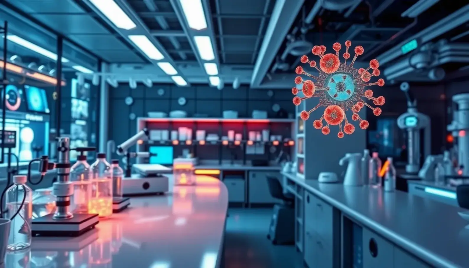 Illustration of nanoparticles interacting with biological systems for medical applications.