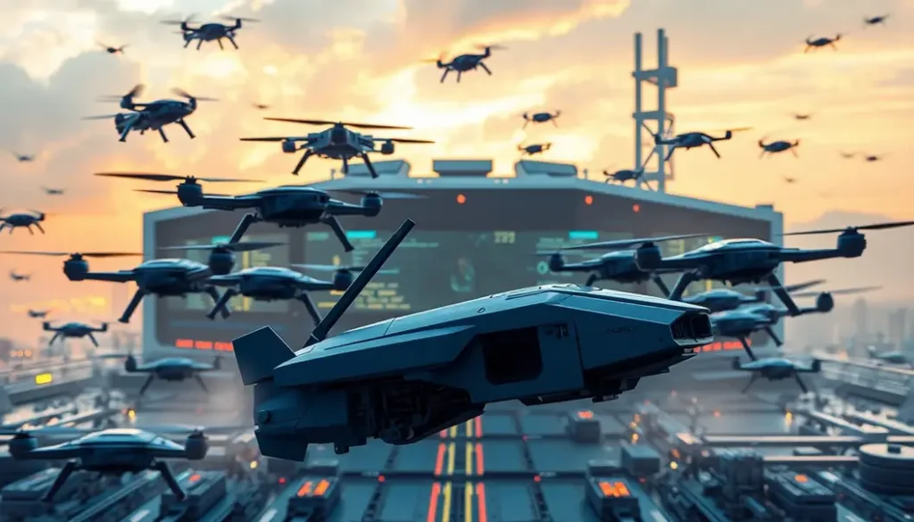 A dynamic depiction of robotic drones operating in a high-tech military environment.