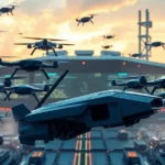 A dynamic depiction of robotic drones operating in a high-tech military environment.