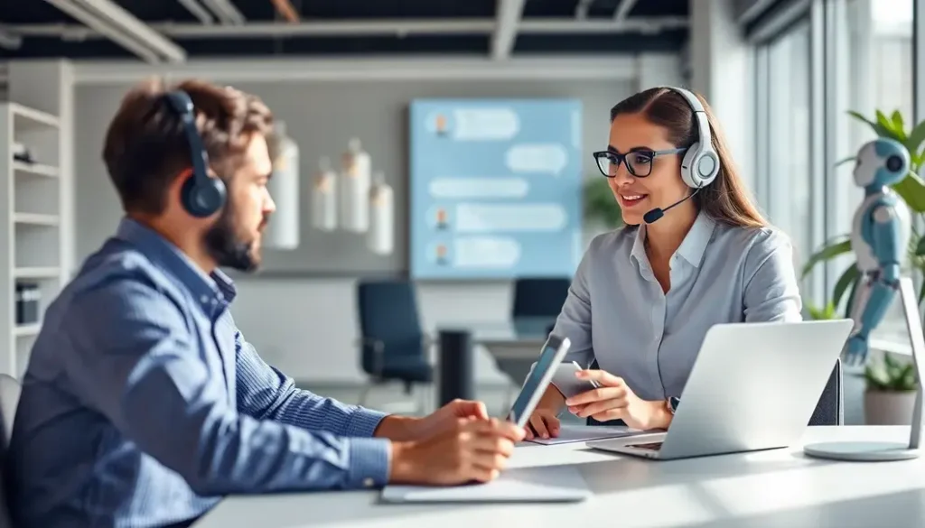 Customer using a chatbot for assistance while a support agent addresses a complicated question.