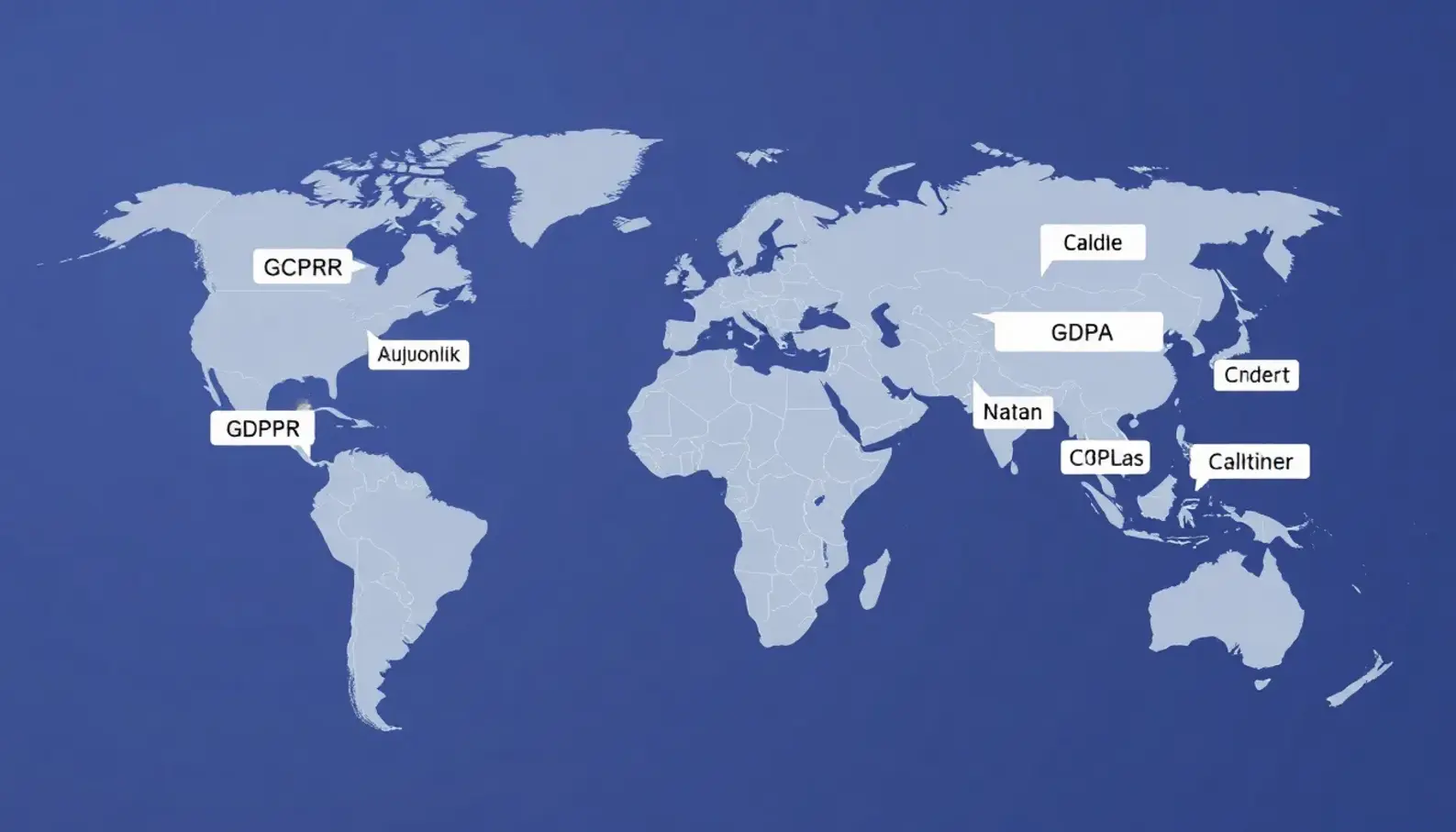 Global map depicting significant data privacy regulations across various regions.