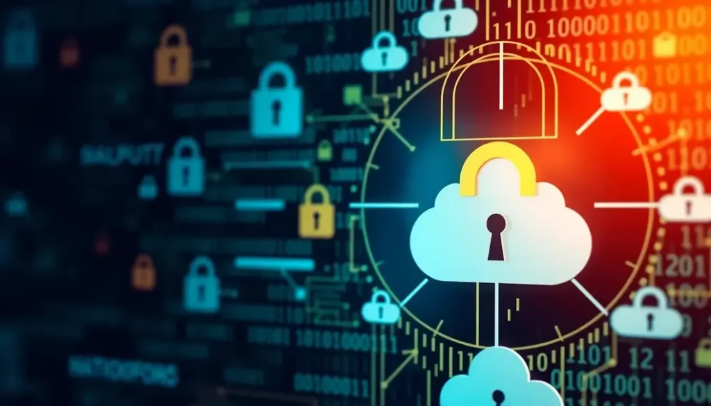 Abstract image featuring locks and binary code symbolizing data security and privacy.